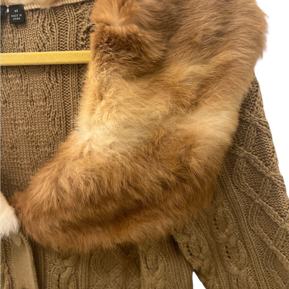 PowWow Wool Blend Cable Knit Cardigan w/Rabbit Fur Collar | M - Picture 5 of 16